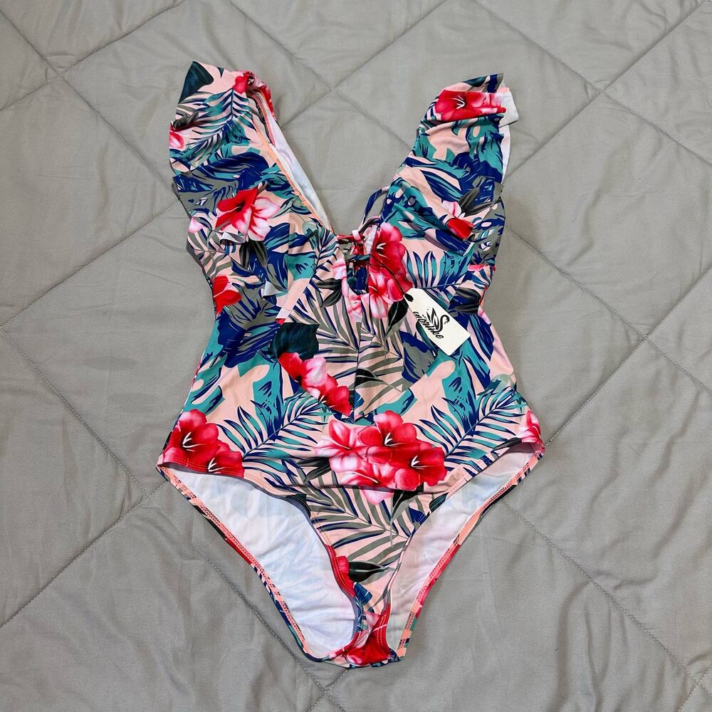 Women One Piece Swimsuit V-Neck Ruffle Bathing Suit Large - Picture 4 of 7